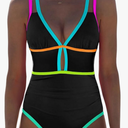 popvil Women One Piece Swimsuit 2026 Tummy Control Sexy Cutout Neon Color Block Bathing Suit Slimming Adjustable Swimwear, Size S