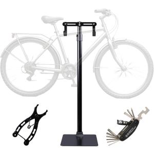 Heavy Duty Bike Floor Stand, Vertical Bicycle Storage Rack for Indoor Garage, Adjustable Rubber Hooks for Road, Mountain & Ebikes, Includes Multi-Function Repair Tool & Chain Plier