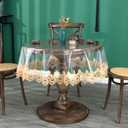 Small Clear Plastic Round Tablecloth Waterproof Vinyl PVC Tablecloth Embroidered Lace Edge Transparent Table Cover for Kitchen Outdoor and Indoor Uses-Round 32 inch, Brown