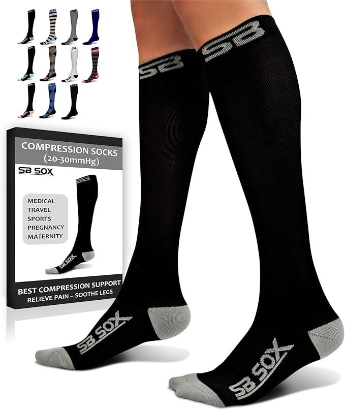 SB SOX Compression Socks for Men & Women (20-30 mmHg) - Best Support Stockings for Travel, Medical, and Sports - Perfect for Everyday Wear (Small, Black/Gray)