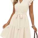 KIRUNDO Summer Dresses for Women 2026 Spring Flutter Sleeve V Neck Ruffle Flowy Tiered Knee Length Beach Vacation Sundress(Beige, Medium)