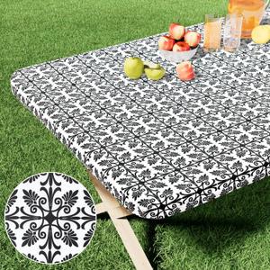 misaya Rectangle Vinyl Table Cloth, Elastic Fitted Flannel Backed Tablecloth, 100% Waterproof Plastic Table Cover Fits Folding Tables for Picnic, Camping, Outdoor (Black, 36" x 60")