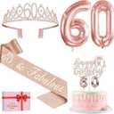 60th Birthday Decorations for Women, Include 60th Birthday Sash and Tiara, Cake Topper and Candles, Number Balloons, 60 Year Old Gifts Women