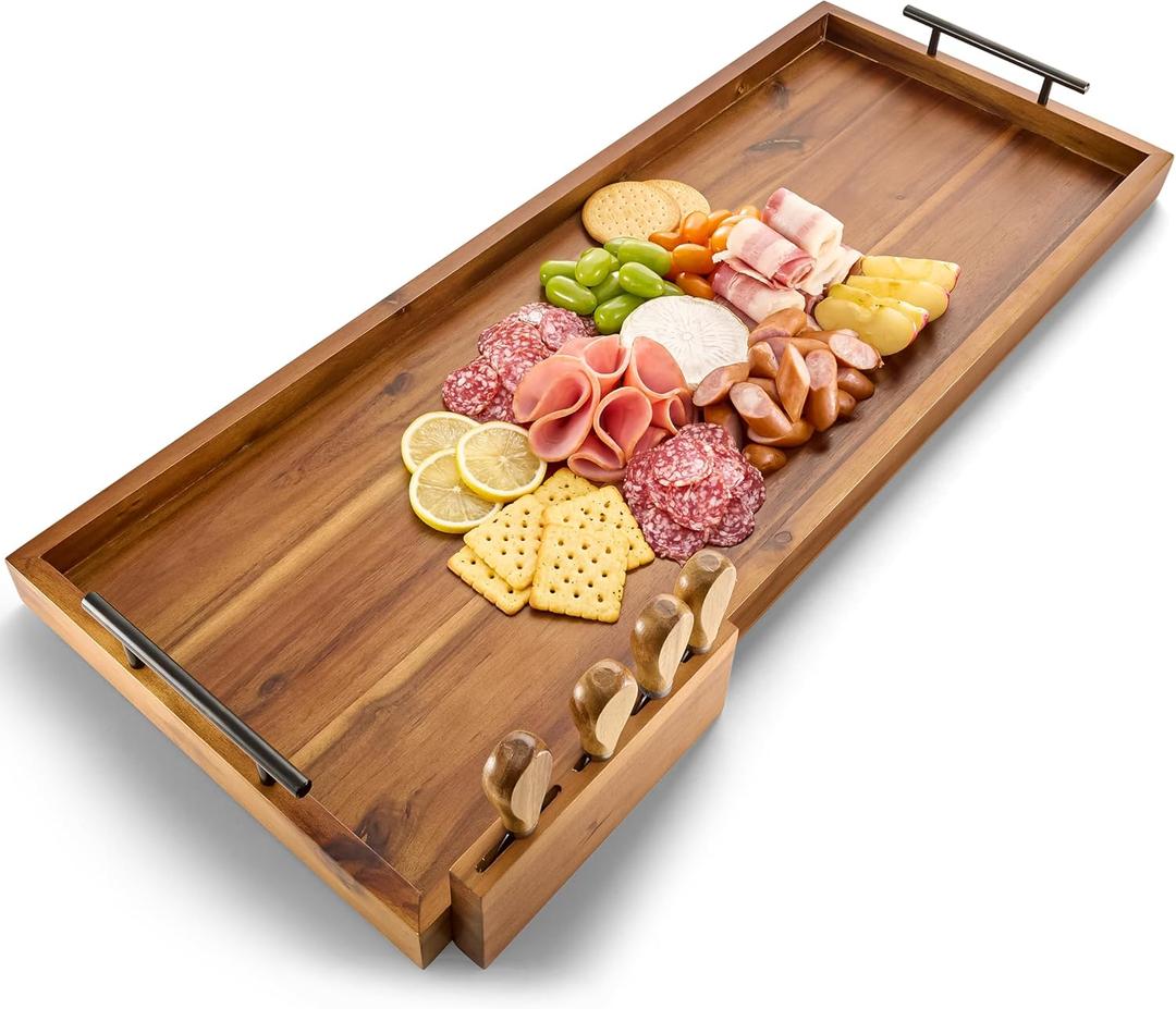 TIDITA Acacia 30 Inch Large Charcuterie Boards for Party with Cheese Knife Set of 4 Acacia Wood Serving Tray with Handles, Long Charcuterie Board, Wooden Cheese Board