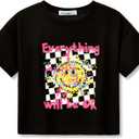 Stylish Graphics Bright Base Color - Cute Crop Top for Little & Big Girls - Summer T-Shirt Clothes Tween Size 6-18 (10, Black Face)