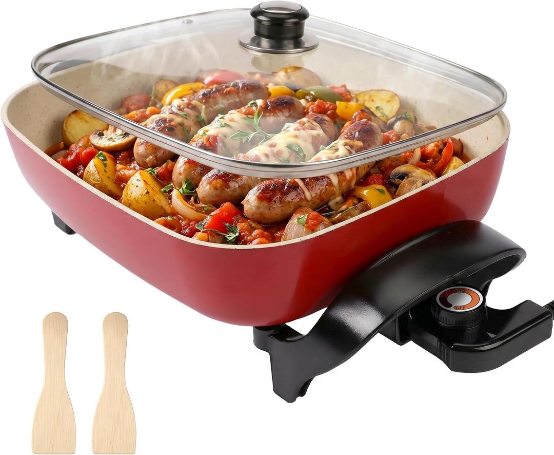 15'' Ceramic Nonstick Electric Skillet with Tempered Vented Glass Lid,Thermostat Control to Prevent Overheating,Removable Easy-to-Clean,Vibrant Red