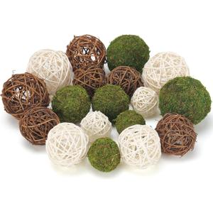 USMOLA 18Pcs Decorative Balls for Centerpiece Bowl - 6Pcs Fake Moss Balls + 12Pcs Rattan Wicker Balls, Artificial Moss Decorative Balls Vase Fillers for Home Garden Wedding Party Decor (Rustic), 2-3.5 inches