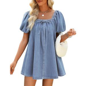 Denim Dress for Women, Puff Short Sleeve Jean Dress Square Neck Denim Romper with Pockets
(L)