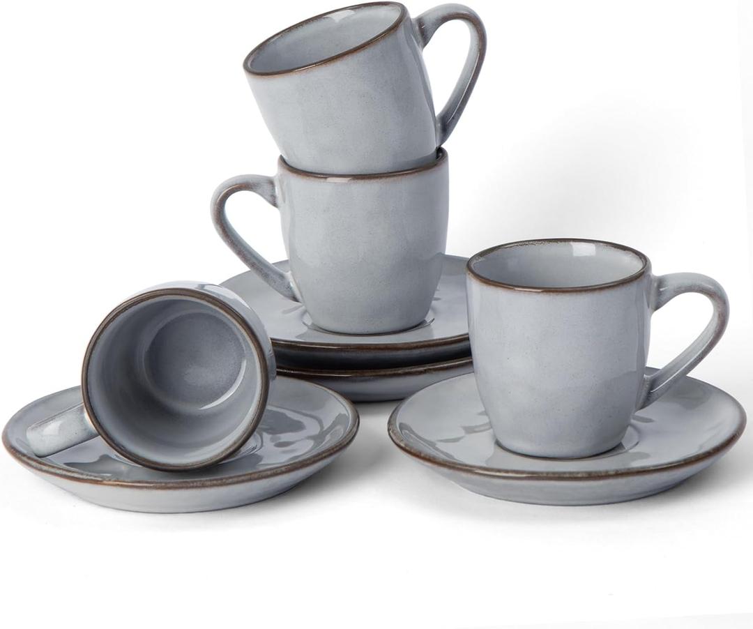 famiware Ocean Espresso Cups with Saucers Set of 4, 3.34oz Espresso Cup Set, Coffee Mug Set for Latte, Macchiato, Stoneware Demitasse Cups Set for Cafe, Microwave&Dishwasher Safe, Gray