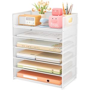 Subekyu 6 Tier Paper Organizer for Desk with Handle, Metal Mesh Desk Office File Folder Paper Letter Tray Accessories Organizer Sorter for Home, School, Office Desktop Document Organization - White