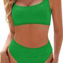 Blooming Jelly Womens High Waisted Bikini Set Tie Strap Jacquard Terry Cloth 2 Piece Swimsuit Modest Cute Retro Bathing Suit (Large, Green)