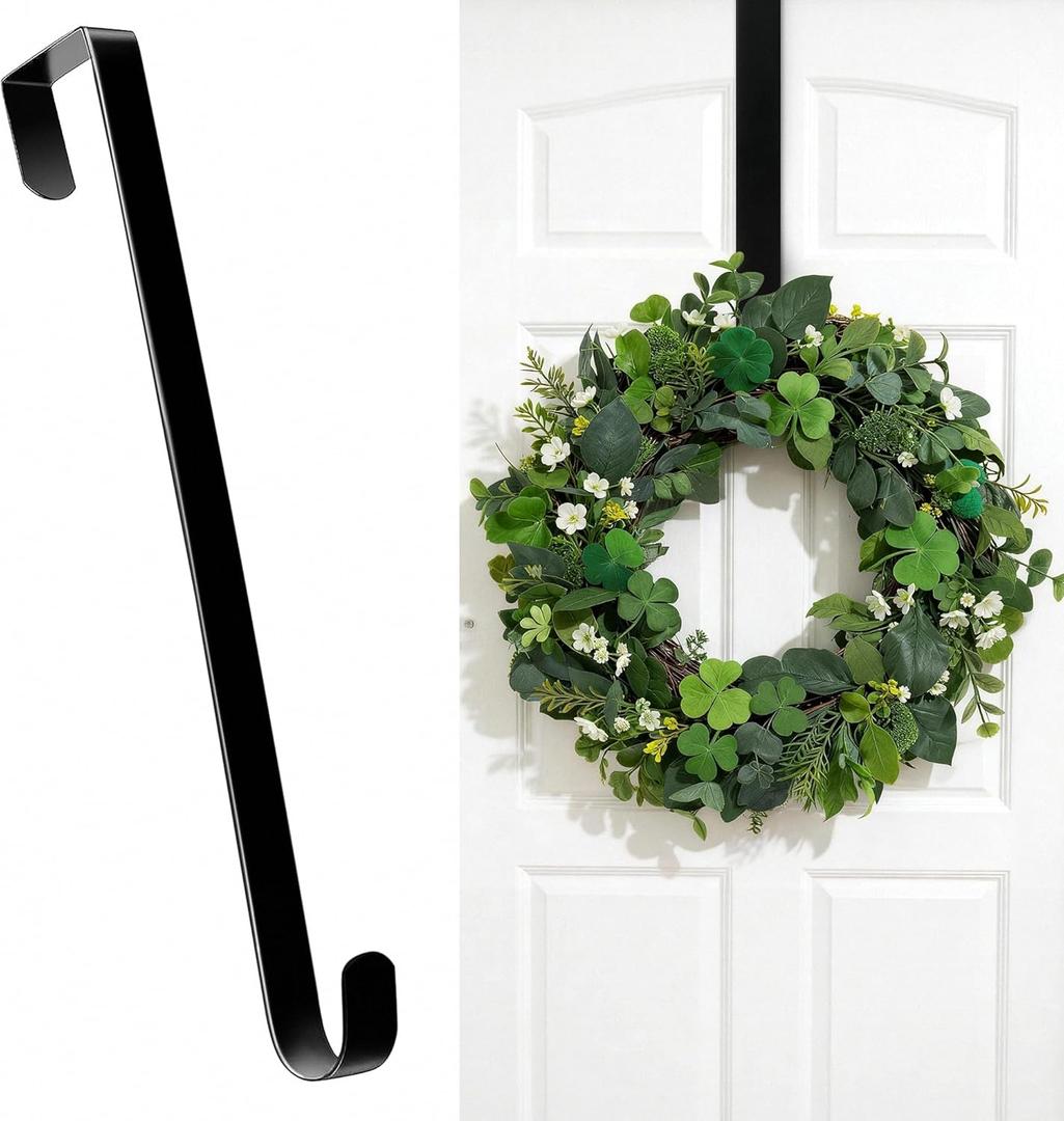 HOOSUN Wreath Hangers for Front Door,St Patricks Day Decorations,14" St Patricks Day Wreath Hook Holder,Over The Door Hooks Hanger,Metal Garland Hangers Hook for Patriotic Spring Wreath Porch Decor (Black 1 Pcs)