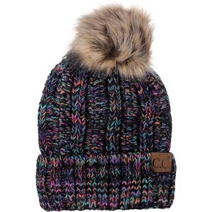 C.C Thick Cable Knit Faux Fuzzy Fur Pom Fleece Lined Skull Cap Cuff Beanie