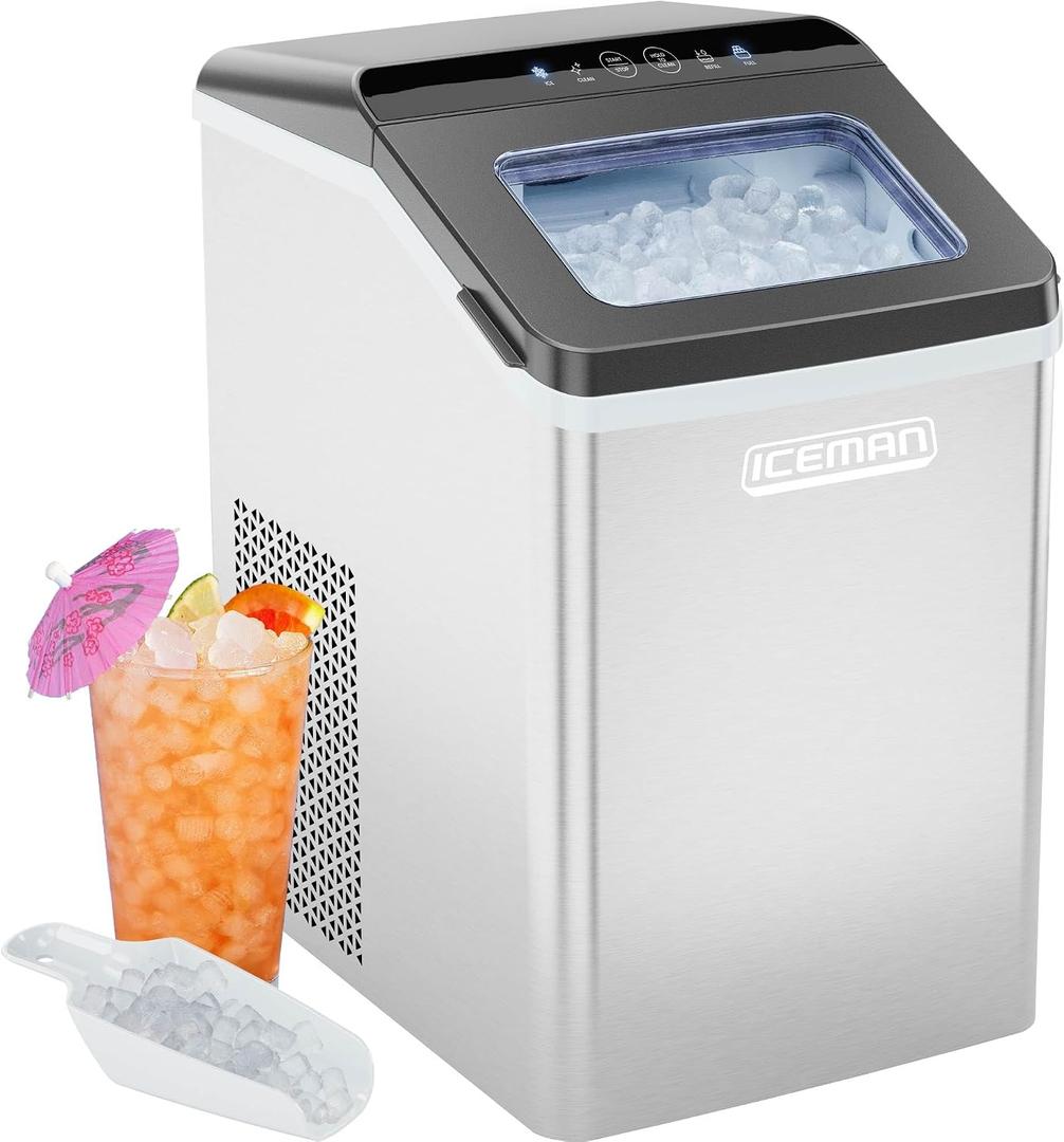 Iceman Pebble Ice Machine, Countertop Nugget Ice Maker Produces Chewable Pellet Ice in 20 Minutes, Makes 33lbs/Day, with One-Touch Cleaning Function and Ice Scoop/Basket Included Stainless Steel