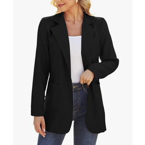 Women Open Front Blazers Long Sleeve Casual OL Office Slim Buttonless Suit Jacket with Pockets Black S