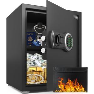 2.0 Cub Fireproof Safe Box with Digital Keypad and Mute Function, Black Alloy Steel Safe with Removable Shelf & LED Light for Home, Office and Hotel