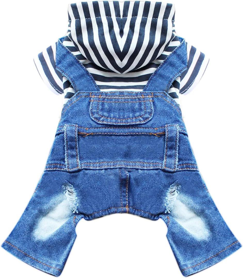 Small Dog Hoodie Clothes Cute Stripe Shirts Denim Jumpsuit One-Piece Outfit for Small, Medium Dogs Cats Boy, Girl Chihuahua, Blue Jeans, Overalls Puppy Costume (Blue, M)
