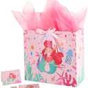jabberwpacking Medium Gift Bag with Tissue Paper Ribbon and Greeting Card Pink Mermaid Gift Bag for Girls Birthday Baby Shower- 9.8" x 8.6" x 4.7"