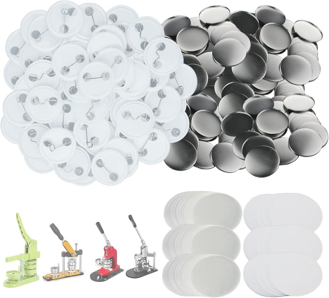 300 Sets 25mm/1 inch Button Supplies Button Parts for Button Maker Machine 25mm, Round Badge Blank Button Pins, Includes Plastic Button Pin Back Cover, Metal Cover, Clear Film&Blank Paper