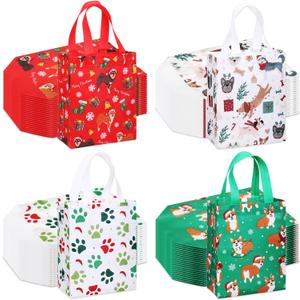 Wesnoy 48 Pcs Christmas Dog Gift Bags Bulk 10 x 8 x 4 Inch Paw Prints Reusable Non Woven Christmas Party Favors Goodies Bags Puppy Candy Treat Totes with Handles for Holiday Pet Animal Party Supplies (Red Green)