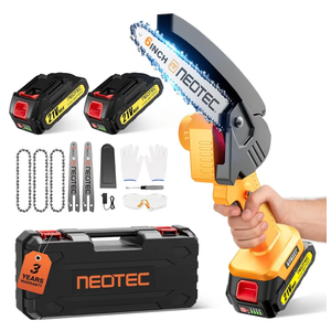 Mini Chainsaw Cordless 6-inch, NEOTEC Handheld Electric Chainsaw Battery Powered Chain Saw for Tree Trimming Wood Cutting, Mini Chain saw Gifts for Men Dad Him (2 Batteries+ 3 Chains+ 2 Bars)