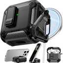RFUNGUANGO Compatible with AirPods 4 Case,Magnetic Automatic Lock with Phone Holder & Cleaning Kit,Compatible with Magsafe, Back Magnetic Charging, Black