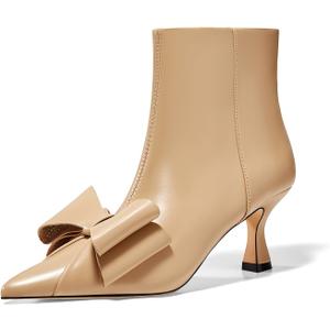 Coutgo Womens Low Kitten Heel Ankle Boots Rhinestone Bow Pointed Toe Side Zipper Dress Fall Booties Shoes (9, Khaki)