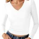 Elesomo Women's Long Sleeve V Neck Shirts Slim Fitted Tees Basic Tshirt (X-Large, White)