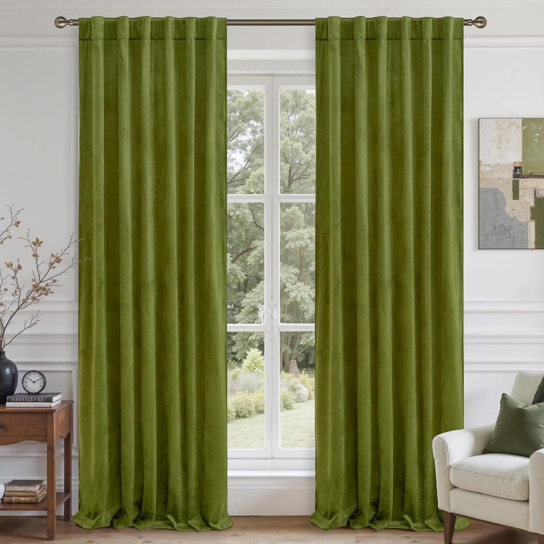 LAMIT Moss Green Velvet Blackout Curtains 84 Inch, Vintage Thermal Insulated Room Darkening Drapes for Living Room Back Tab and Rod Pocket Privacy Window Panels for Bedroom, 2 Panels, 52 x 84 Inch