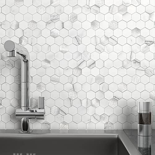 MOFIT Hexagon Peel and Stick Backsplash Tiles Kitchen,Self-Adhesive Metal and Marble Honeycomb Peel and Stick Wall Tiles Sticker Mosaic Heat Resistant(White Silver,10sheets)