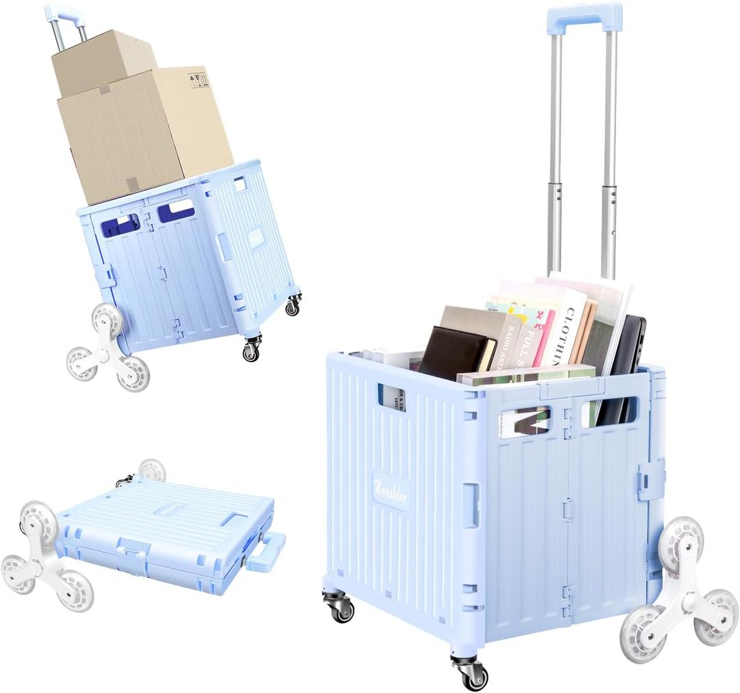 Folding Rolling Cart on Stair Climbing Wheels : Rolling Crate for Grocery File Office Book (Blue)