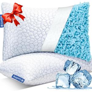 QUTOOL Cooling Pillows for Sleeping 2 Pack, Shredded Memory Foam Bed Pillows Queen Size Set of 2, Gel Pillows for Hot Sleepers Cool Pillow for Side Back and Stomach Sleepers, Cold Pillows, Supportive (Queen(2 Pack)-20'*30', White-cooling Basic)