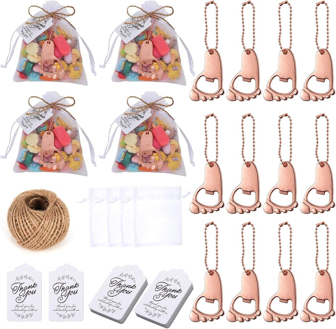 50 PCS Footprint Bottle OpenerBaby Shower Favors for Guest Souvenirs Supplies and Decorations with Organza Bags Tags and 1 Roll Jute Rope (Rose gold)