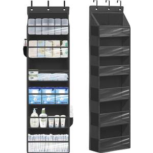 Over Door Organizer with 6 Extra Large Pockets 12 Side Pockets, Sturdy Closet Storage Rack, Hanging Storage Organizer with Clear Window for Shoes, Diapers, Toys, Bedroom, Bathroom, Black