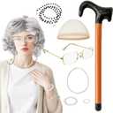 Jnnzzggu 8Pcs Old Lady Wig Set,Grey Wigs for Women,Old Lady Costume with Grandma Wig for Halloween,Party,Cosplay, 100 Days of School Costume