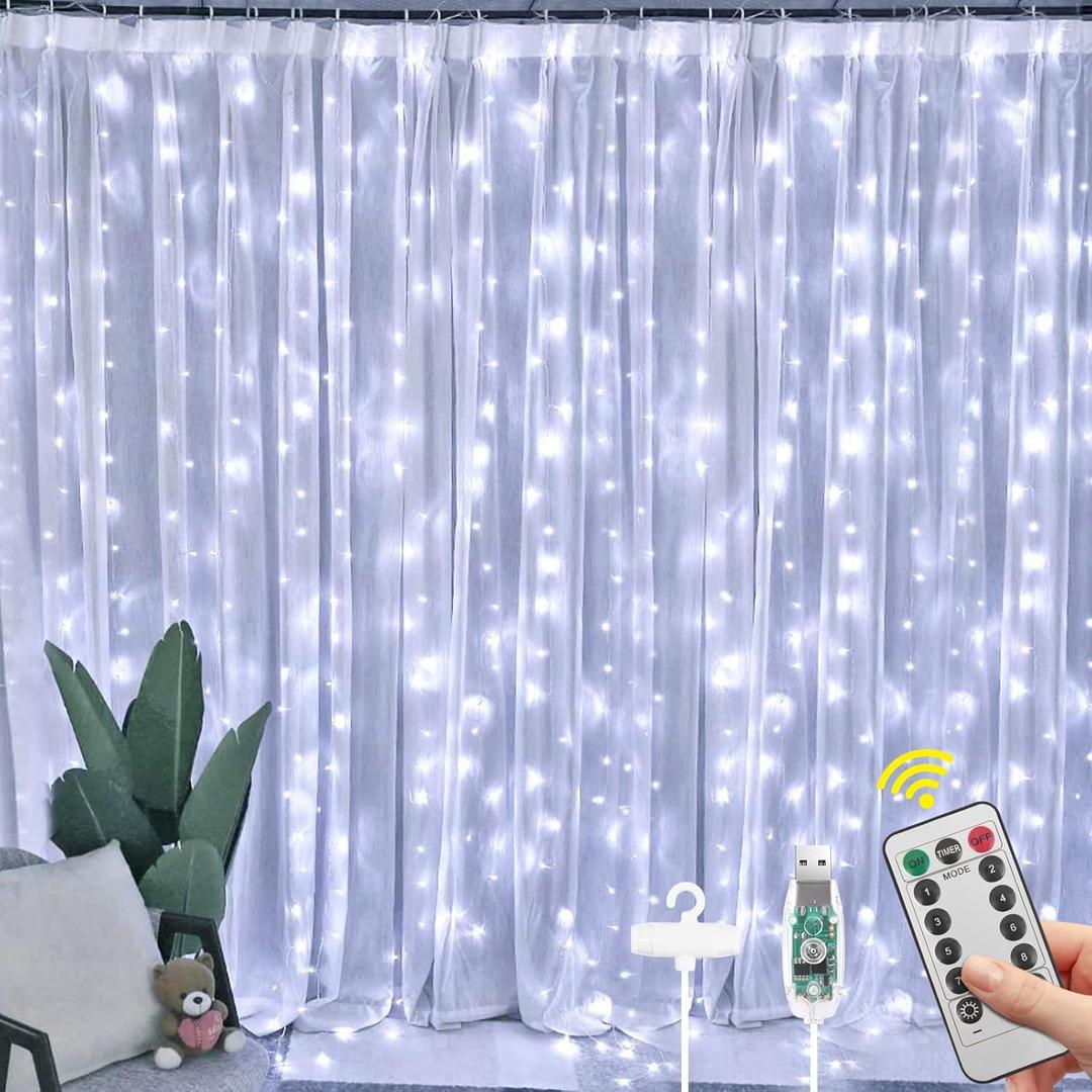 Vicloon Fairy Curtain Lights,300 LED White Curtain Lights,8 Modes 9.89.8Ft Waterproof Window Curtain String Light USB Powered with Remote Control,Christmas String Lights Curtain for Indoor/Outdoor