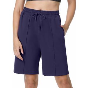 YOYOYOGA Women's Bermuda Shorts with Pockets High Waisted Knee Length Shorts 7" Long Shorts Athletic Walking Casual Workout (Blue, M)