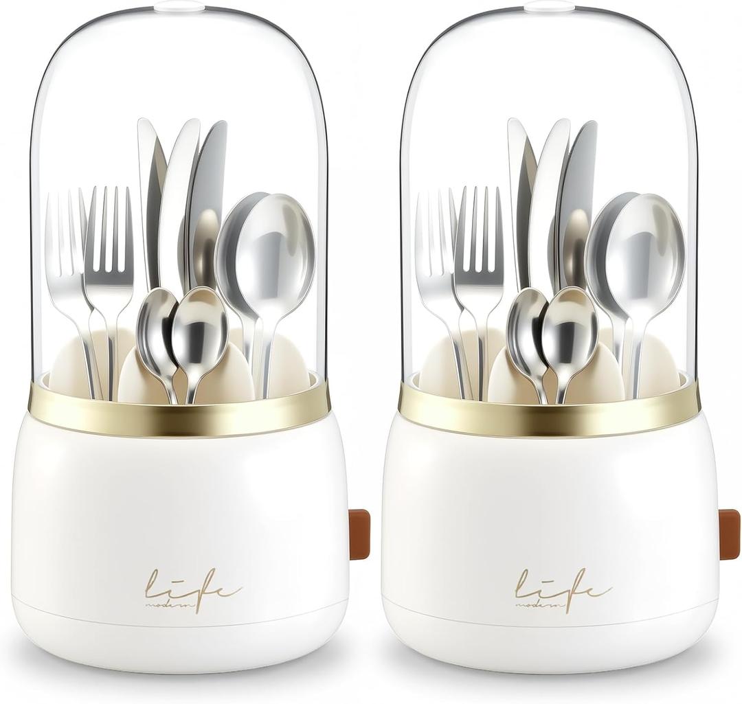 2 Pack 360 Rotating Silverware Organizer, Utensil Holder with Lid for Kitchen Counter, Silverware Caddy with Drainage Dustproof Flatware Holder for Cutlery Spoon Fork Storage, White(7 Slot)