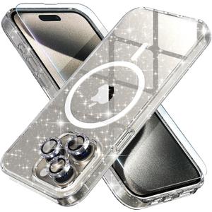 iPhone 15 Pro Case Magnetic, Women Clear Glitter Bling Sparkly Case