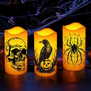 Halloween Decorations Indoor Flameless Candles Flickering Lights with Skull Spider Webs Crow Pumpkins Bats Witch, 6 Hrs Timer for Home Window Mantel 3 Pack