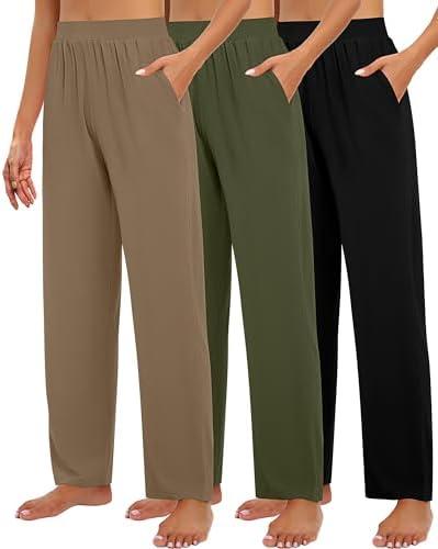 Huukeay 3 Pack Women's Lounge Pants, Cozy Wide Leg Lounge Slacks with Pockets Loose Flowy Yoga Sweatpant Workout Comfy Jogger L, Army Green, Khaki