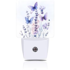 Night Light Watercolor Lavender Flower with Butterfly Night Lights Plug into Wall Smart Dusk to Dawn Sensor 0.5W Energy Efficient Led Lamp for Men Women Bedroom Hallway Stairway Decor