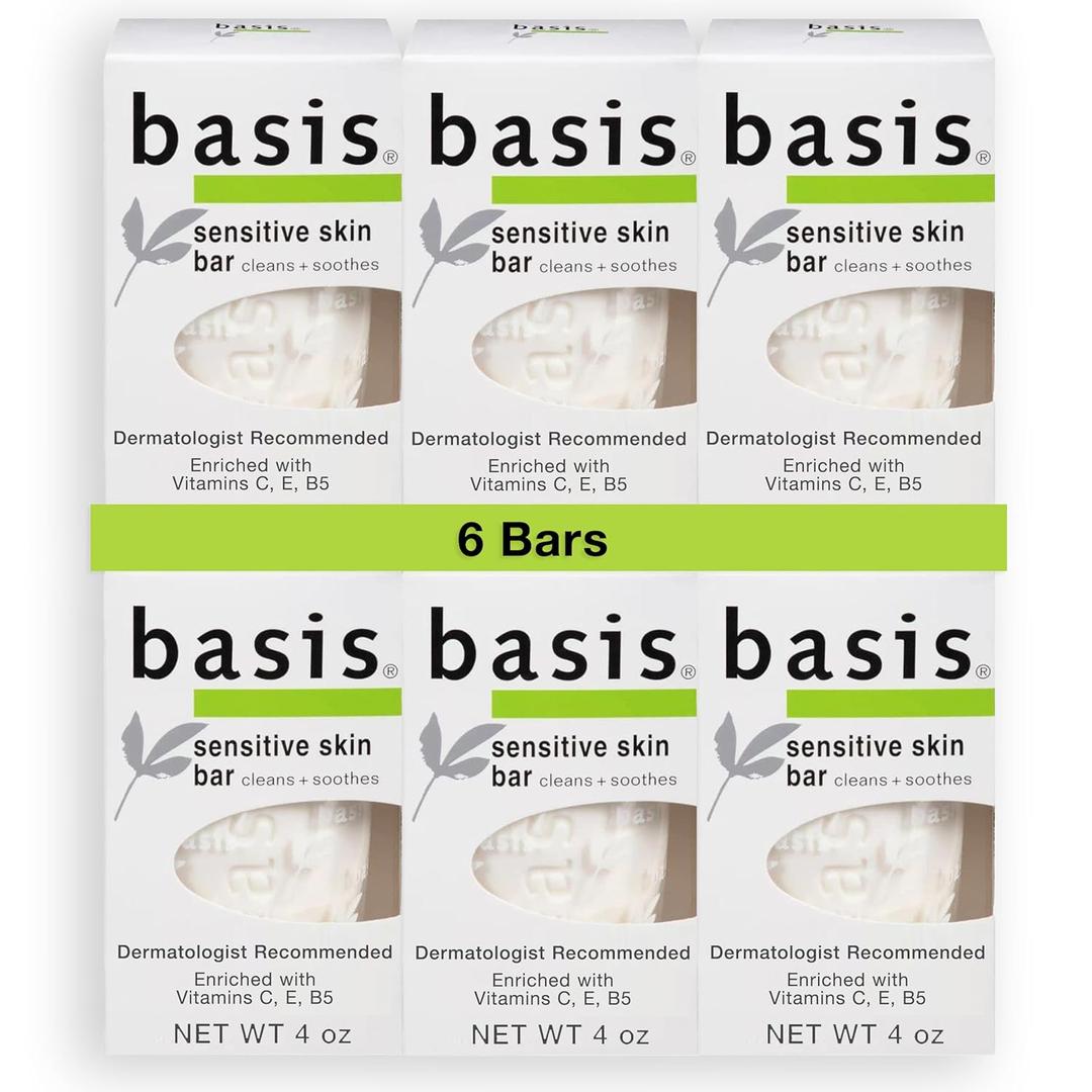 Basis Sensitive Skin Bar Soap for Body, Hands and Face, Unscented Soap Bar for Sensitive Skin with Chamomile and Aloe Vera, 4 Oz, Pack of 6 (4 Ounce (Pack of 6))