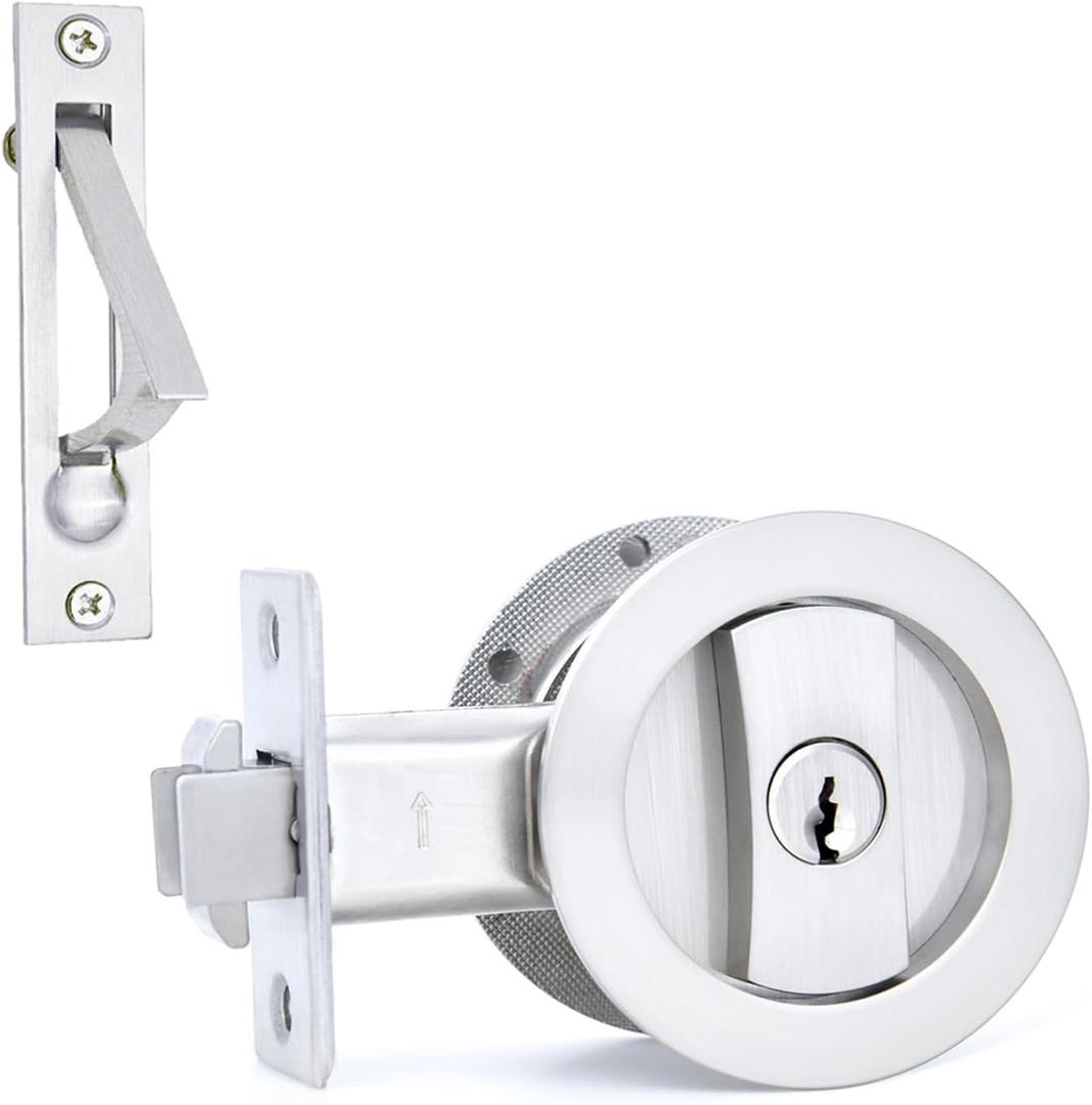 Dontay Pocket Door Lock with Key, Contemporary Entrance Sliding Barn Door Lock Latch, Recessed 2 Sided, 2 3/8" Backset, Flush Handles Hardware (Including Edge Pull, Brushed Nickel, Round - 1 Pack)