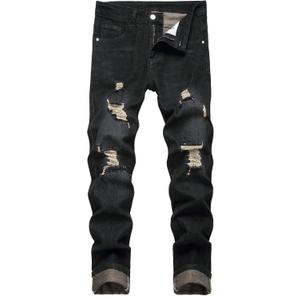 JUNBAOSS Men's Black Slim Fit Jeans 95% Cotton, 3% Polyester, 2% Spandex, Size 42, Ripped