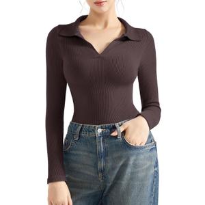 SUUKSESS Women Long Sleeve Ribbed V Neck Polo Shirts Collared Business Casual Slim Fitted Tops for Office Work (Small, Dark Brown)
