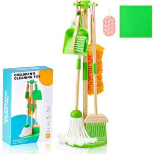 WHOHOLL Wooden Kids Cleaning Set Toddler Broom Set for Housekeeping 8 Pcs Broom and Mop Set for Toddlers 3-6, Cleaning Toys with Dustpan Sponge, Christmas Birthday Gifts for Boys Girls (Green)