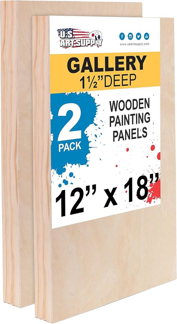 U.S. Art Supply Unfinished Cradled Wood Panels for Painting, 2 Pack of 12x18 inch - Gallery Birch Wooden Canvas Boards 1-1/2" Deep - Mixed-Media Craft, Acrylic, Oil, Encaustic, Paint Pouring