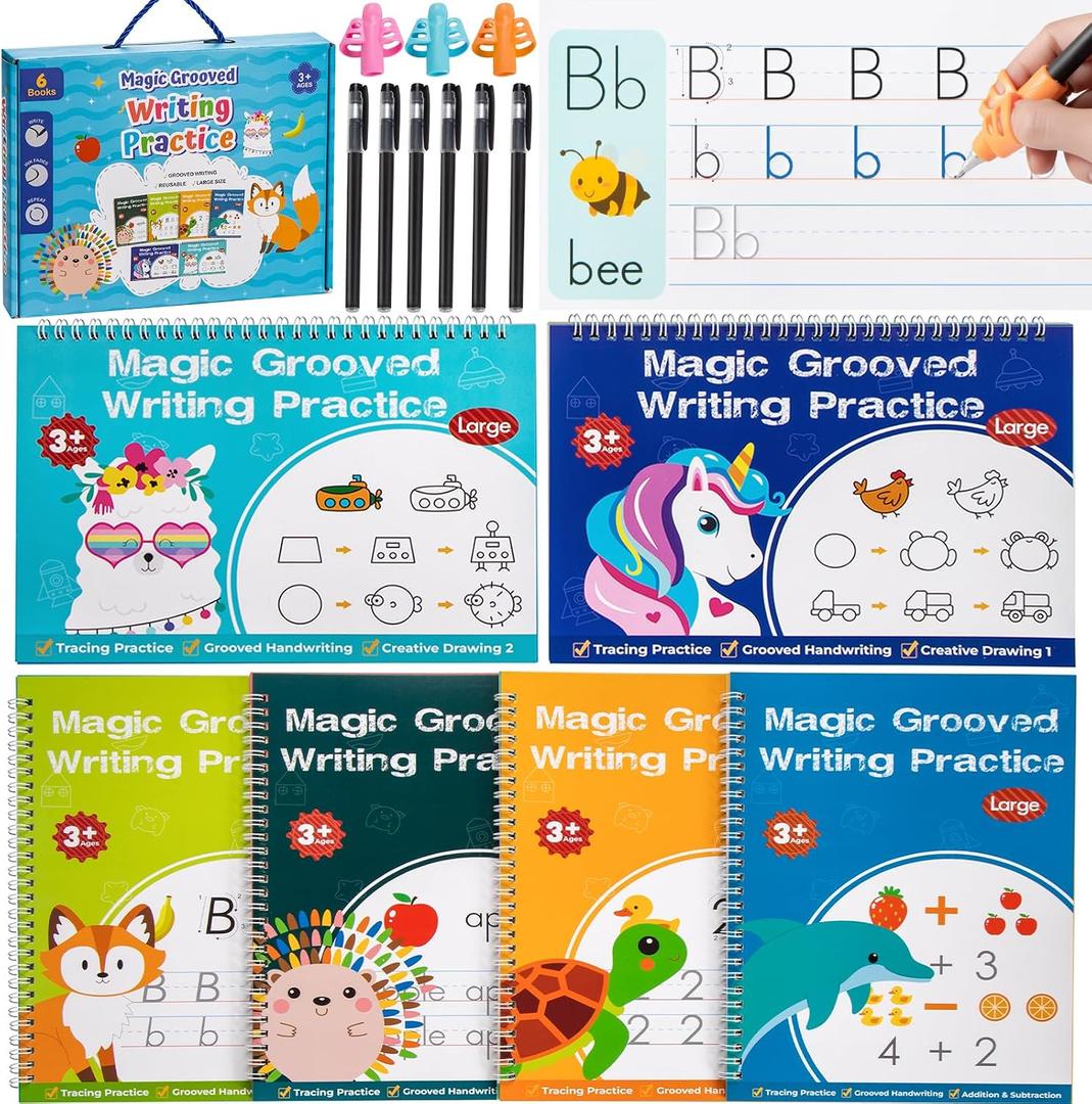 Magic Grooved Writing Practice, Tiny Thinkers Reusable Indented Handwriting Practice for Kids 3-5, Your Little Explorer Motor Magic Happy Writer System Children Set Age 6-8 for Preschool Kindergarten