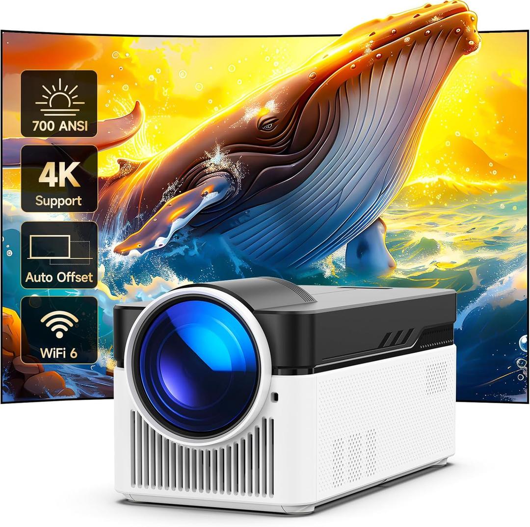 [700 ANS & Electric Focus] Short Throw Smart Projector with Wifi and Bluetooth, Mini Projector 1080P 4K Support, Auto Correction Video Proyector for Home Theater Outdoor Use (White)